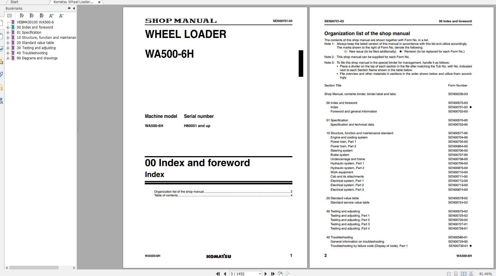 Komatsu Wheel Loader WA500 6H Shop Manual VEBM430100 2006