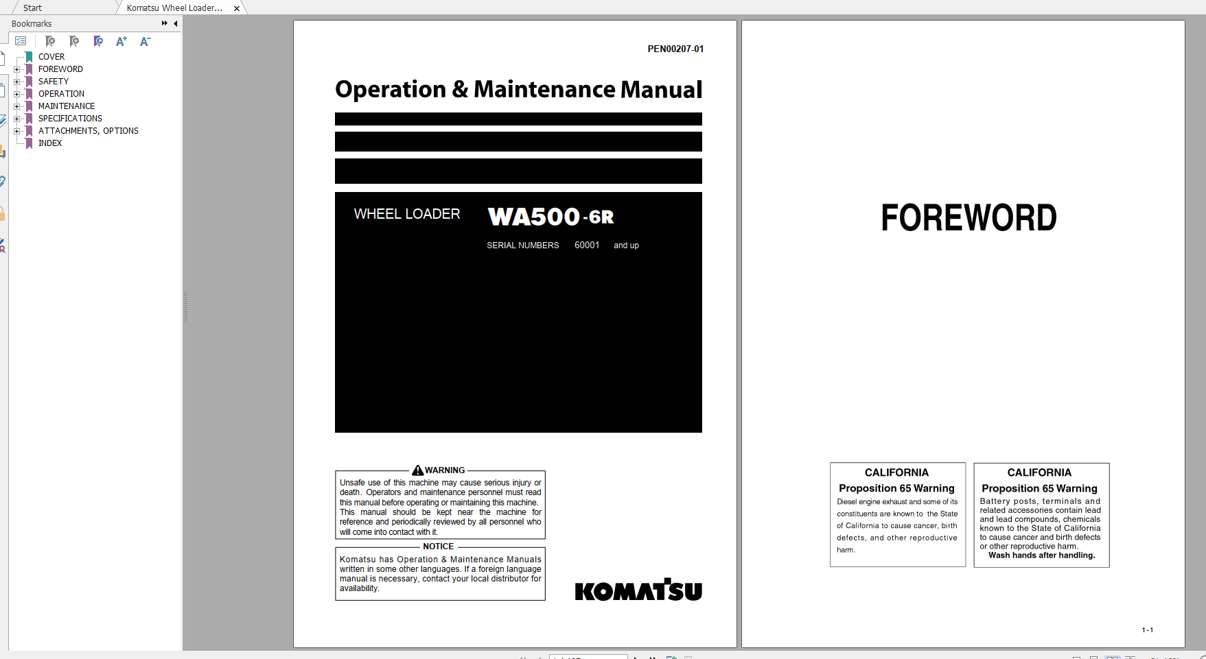 Komatsu Wheel Loader WA500 6R Operation Maintenance Manual PEN00207 01 2007