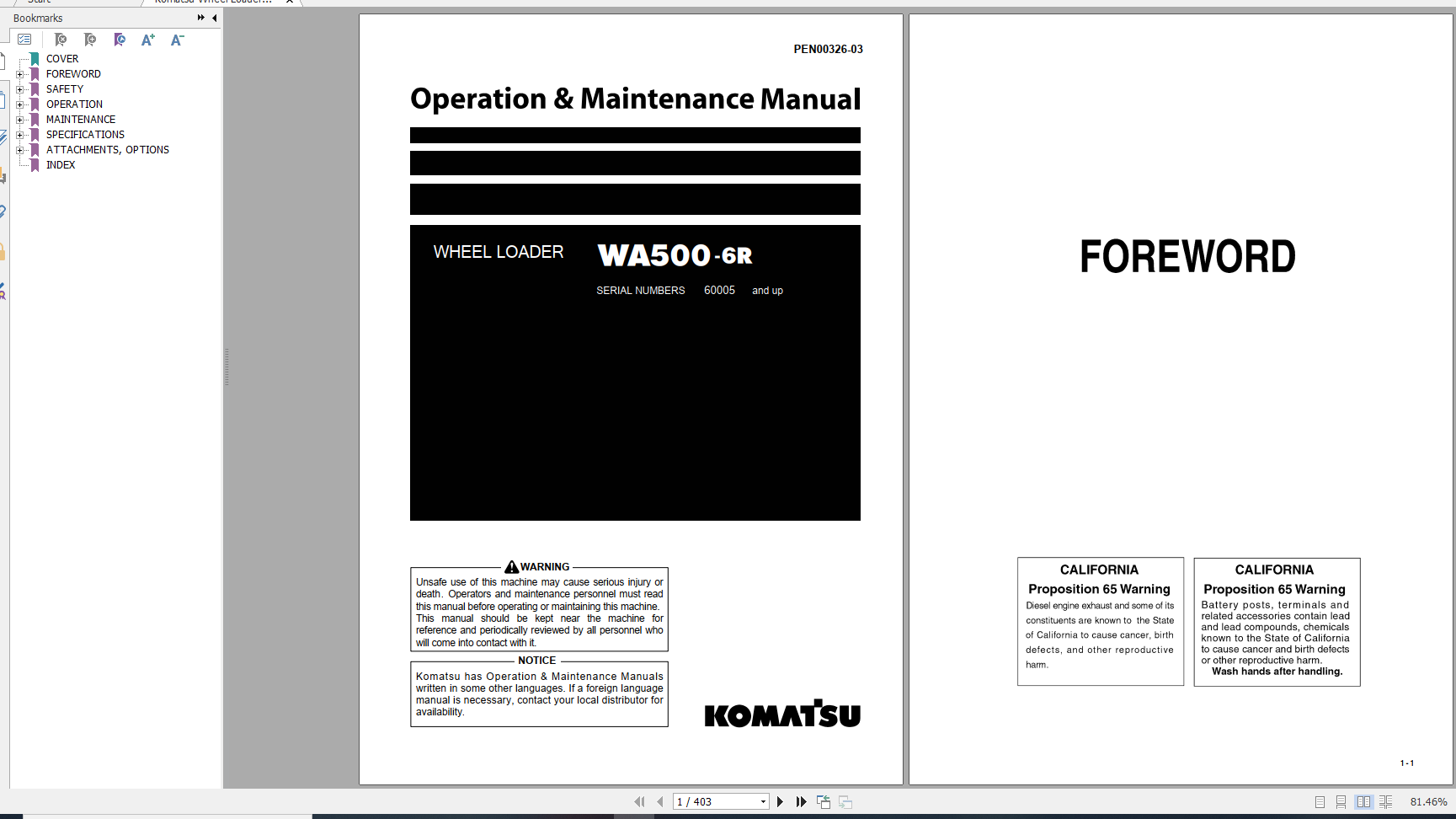 Komatsu Wheel Loader WA500 6R Operation Maintenance Manual PEN00326 03 2009
