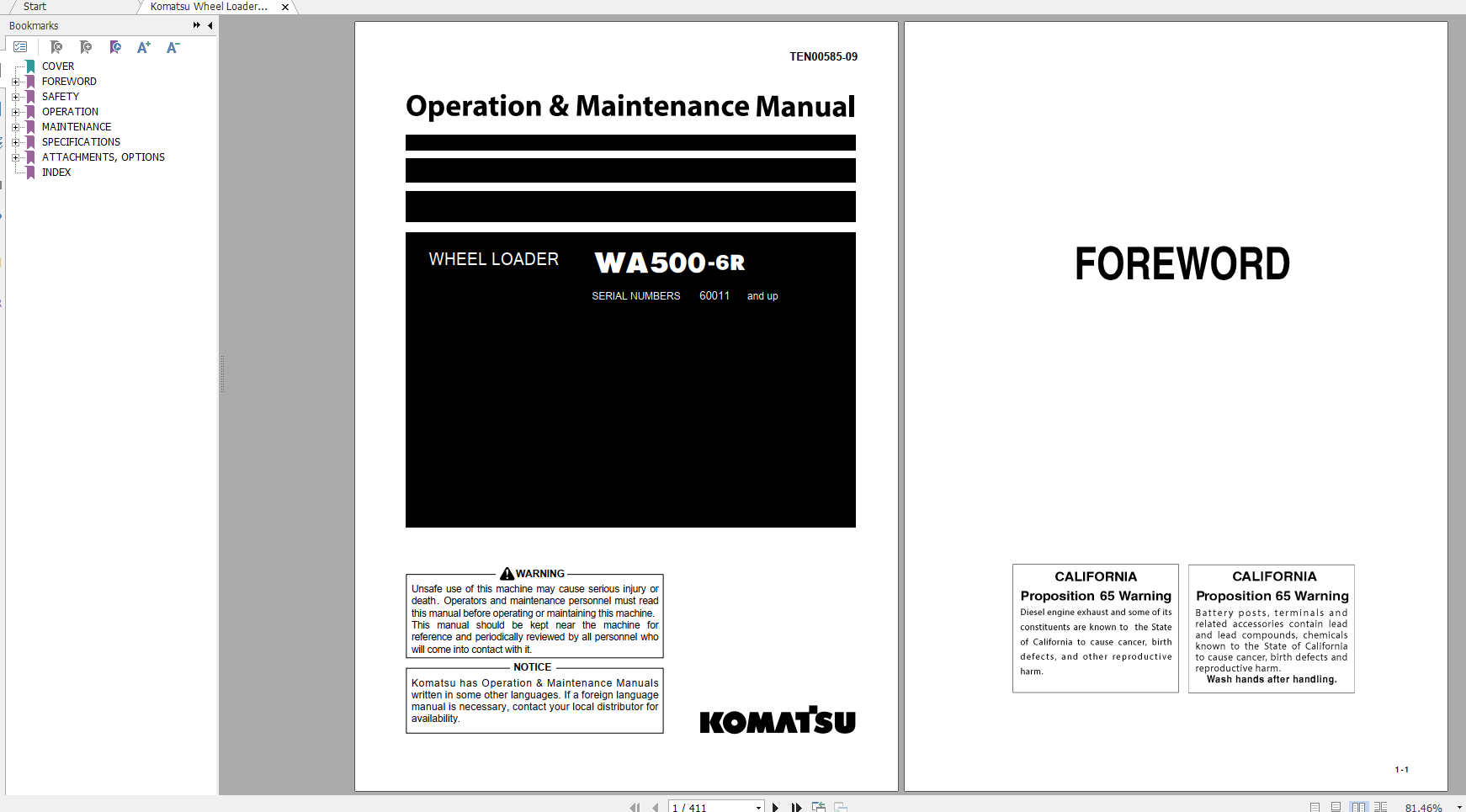 Komatsu Wheel Loader WA500 6R Operation Maintenance Manual TEN00585 09 2019