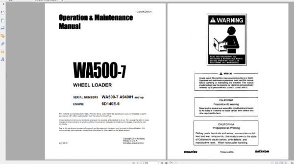 Komatsu Wheel Loader WA500 7 Engine 6D140E 6 Operation Maintenance Manual CEAM026604 2016