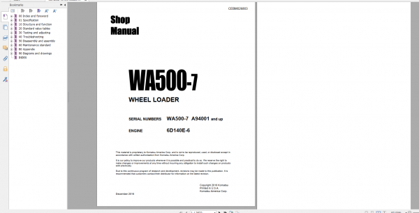 Komatsu Wheel Loader WA500 7 Engine 6D140E 6 Shop Manual CEBM026803 2016