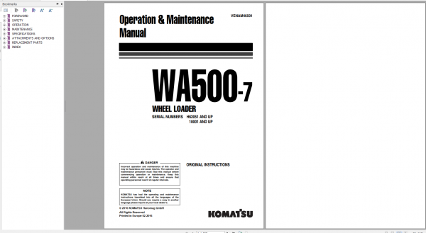 Komatsu Wheel Loader WA500 7 Operation Maintenance Manual VENAM46501 2016