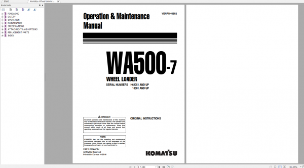 Komatsu Wheel Loader WA500 7 Operation Maintenance Manual VENAM46502 2016
