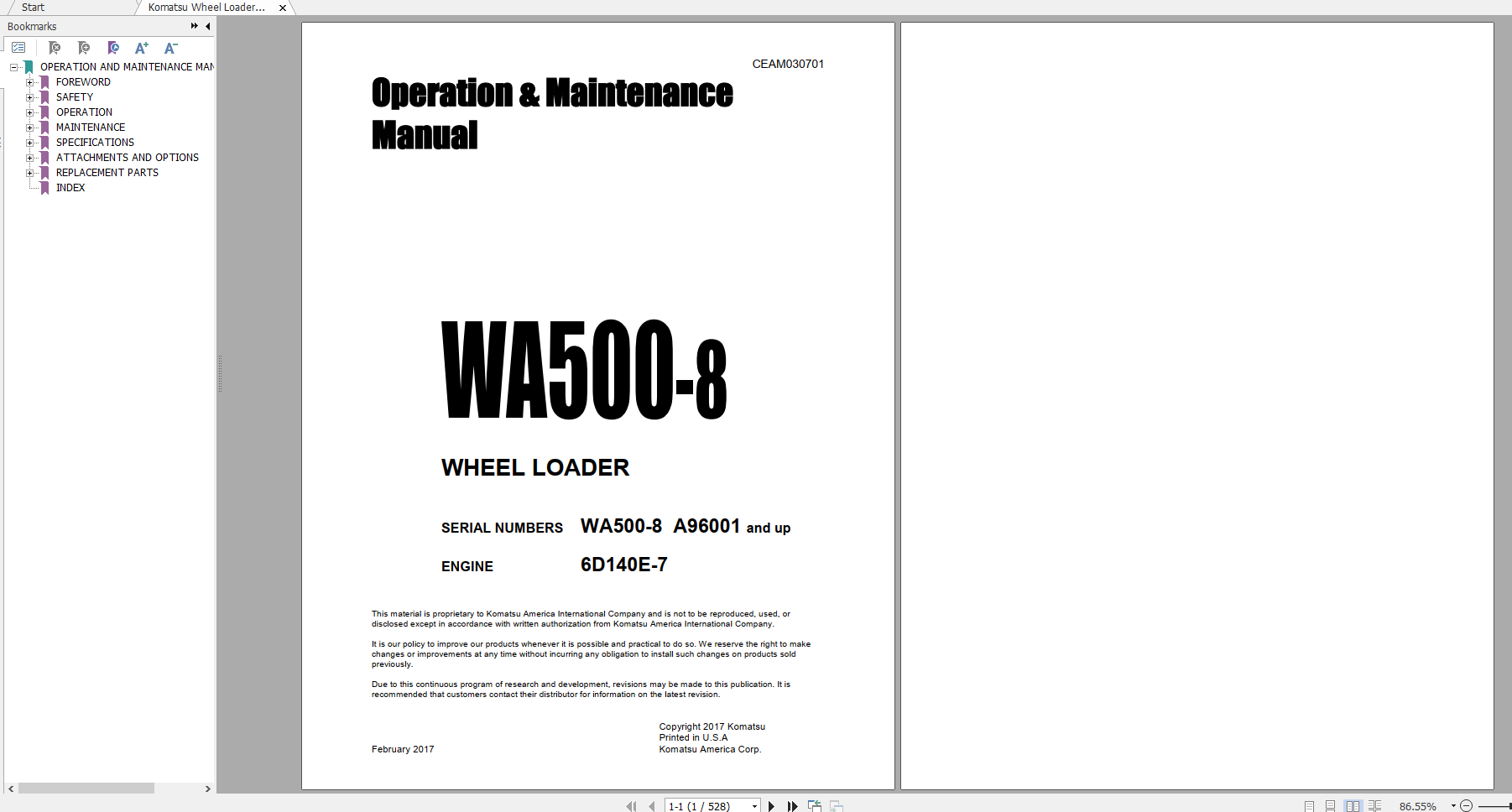 Komatsu Wheel Loader WA500 8 Engine 6D140E 7 Operation Maintenance Manual CEAM030701 2017