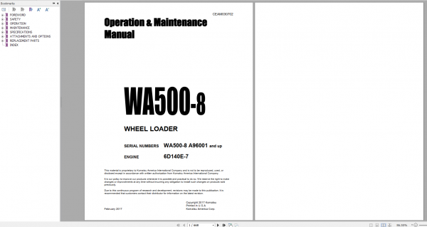 Komatsu Wheel Loader WA500 8 Engine 6D140E 7 Operation Maintenance Manual CEAM030702 2017