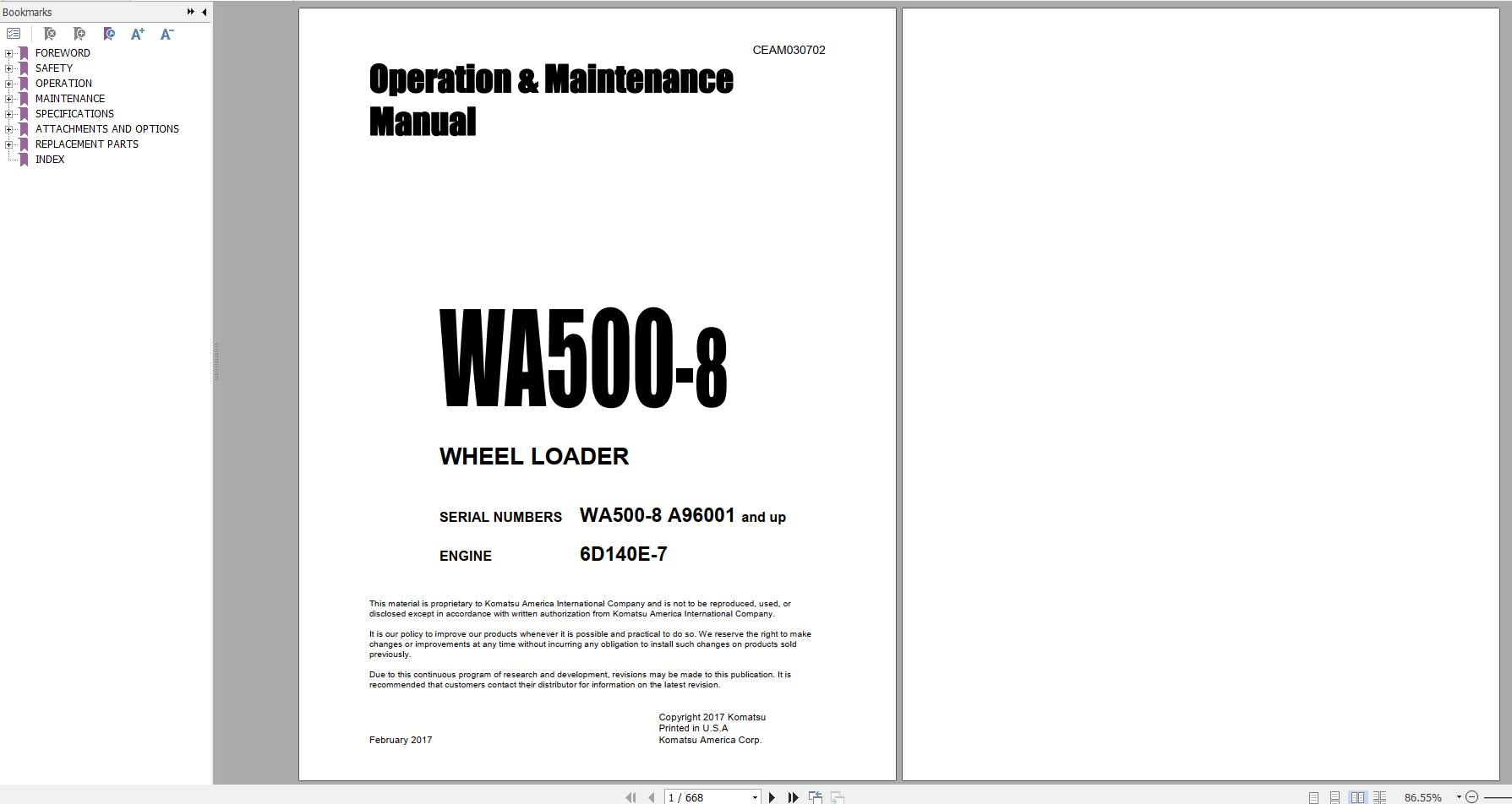 Komatsu Wheel Loader WA500 8 Engine 6D140E 7 Operation Maintenance Manual CEAM030702 2017