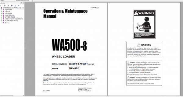 Komatsu Wheel Loader WA500 8 Engine 6D140E 7 Operation Maintenance Manual CEAM030705 2020