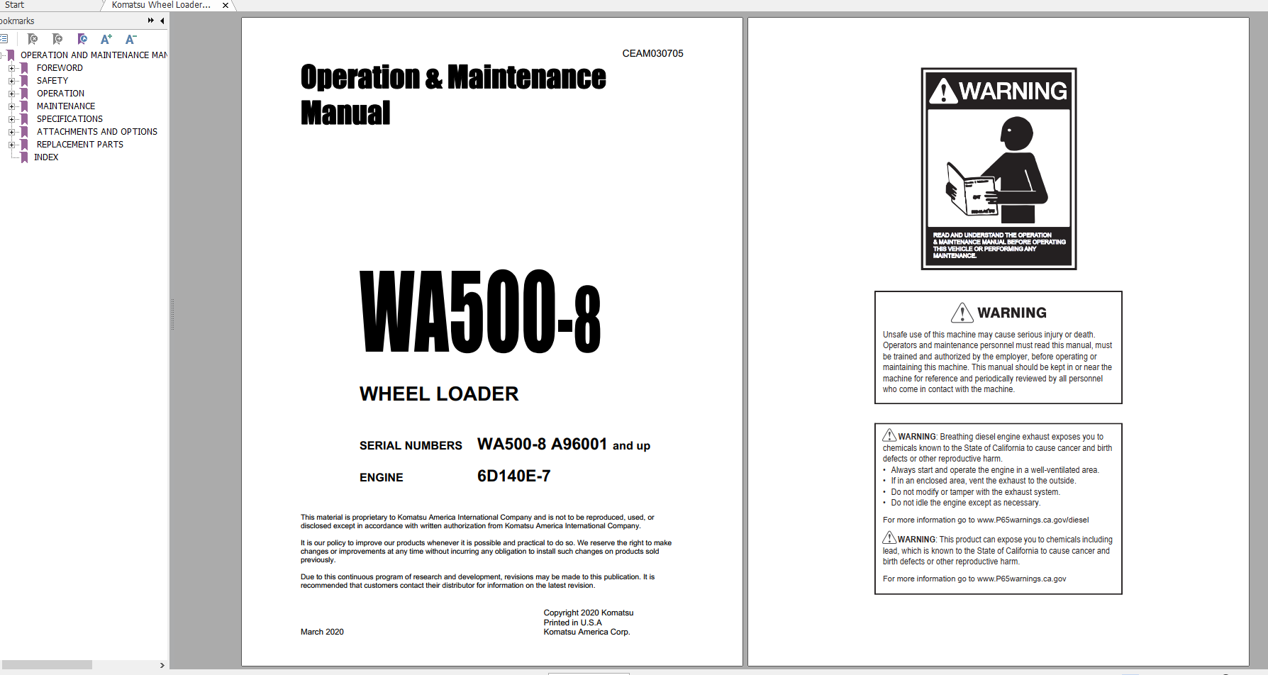 Komatsu Wheel Loader WA500 8 Engine 6D140E 7 Operation Maintenance Manual CEAM030705 2020