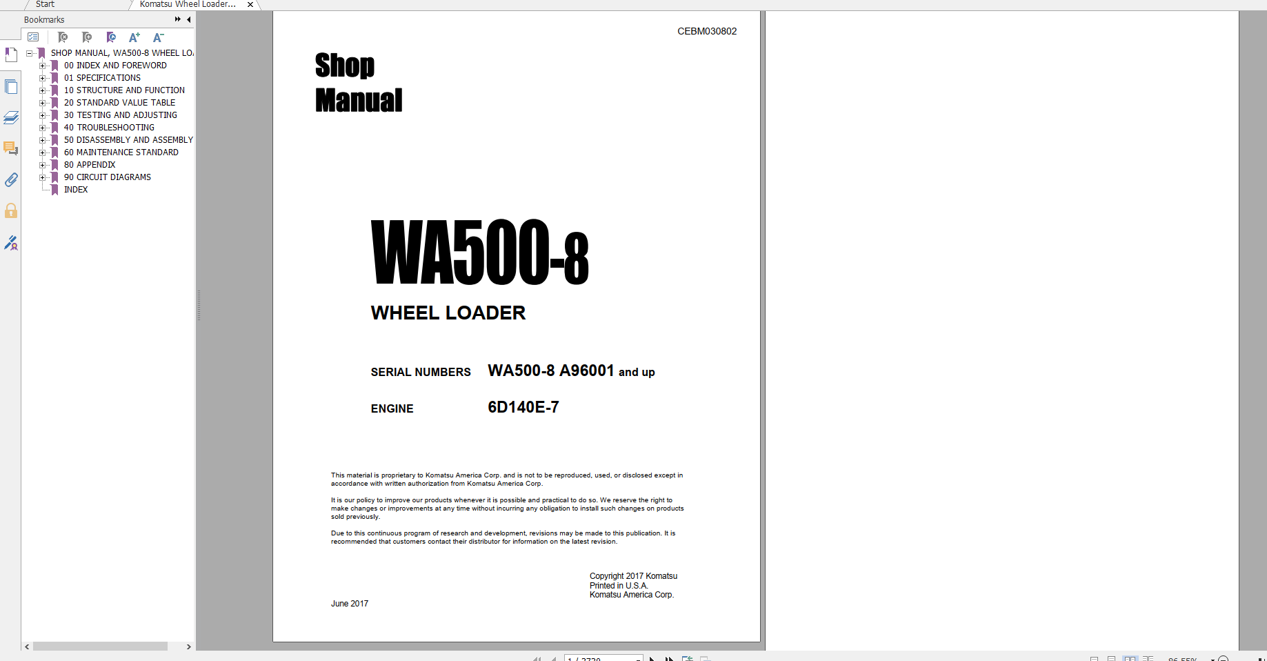 Komatsu Wheel Loader WA500 8 Engine 6D140E 7 Shop Manual CEBM030802 2017