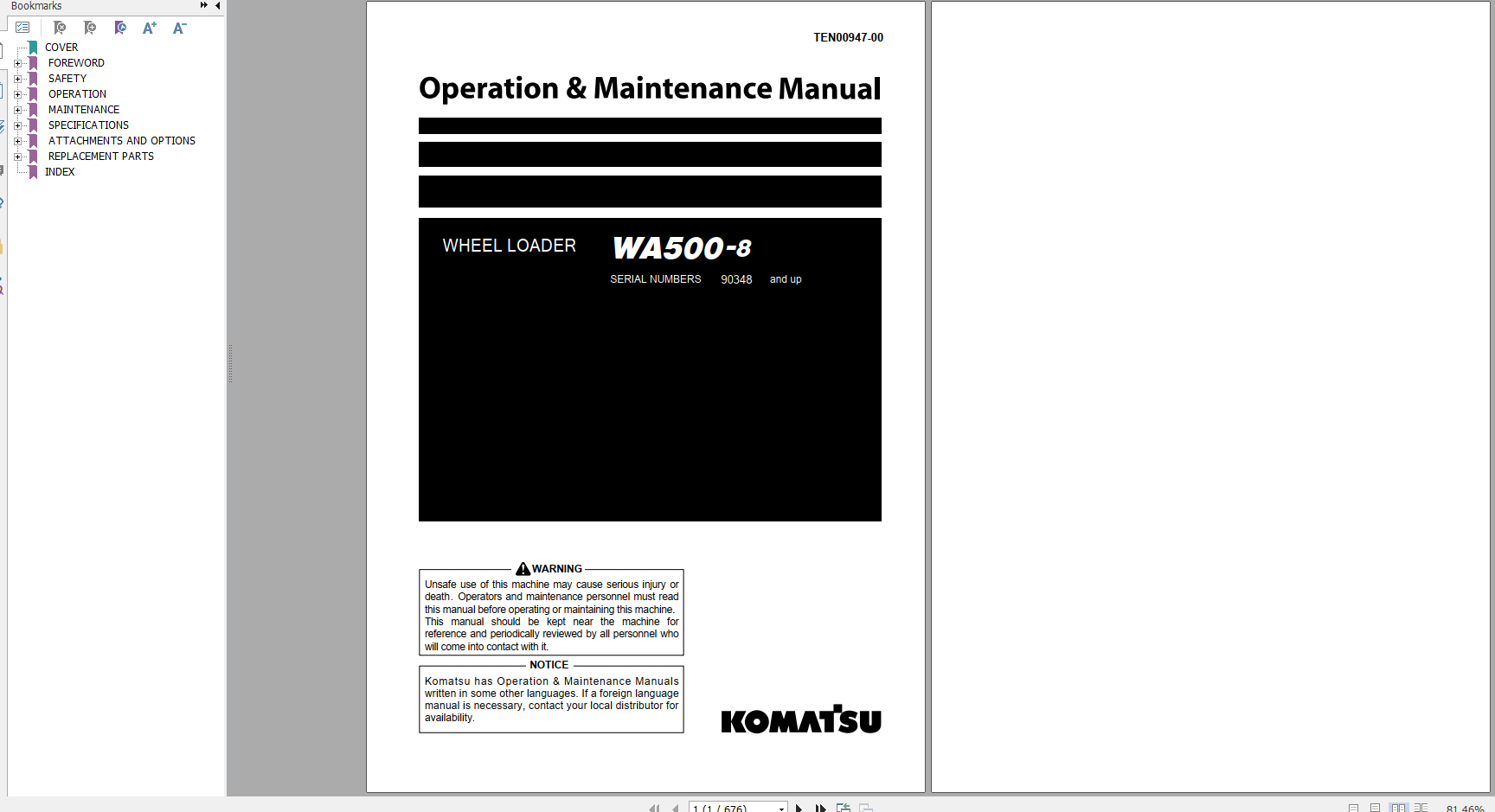 Komatsu Wheel Loader WA500 8 Operation Maintenance Manual TEN00947 00 2020