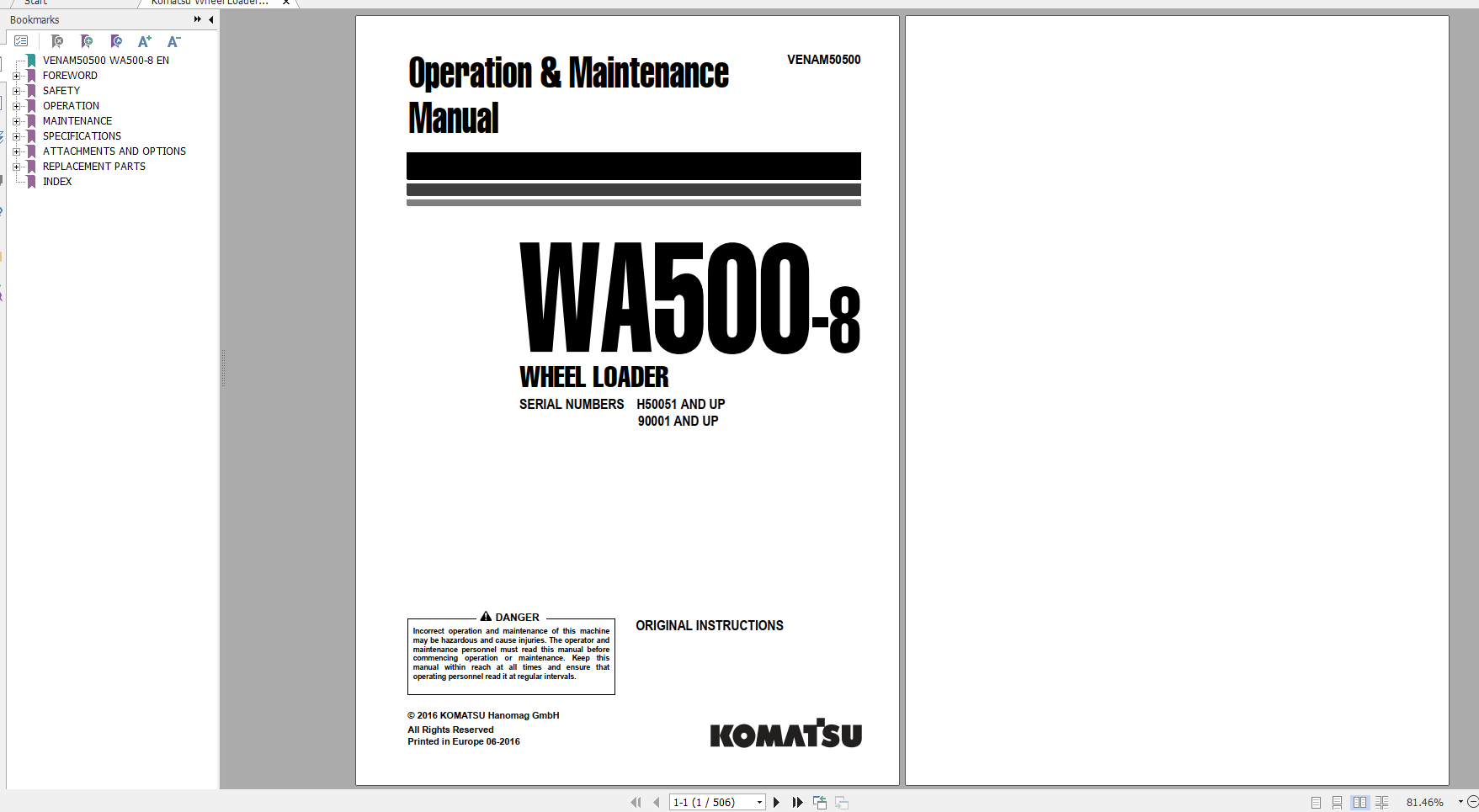 Komatsu Wheel Loader WA500 8 Operation Maintenance Manual VENAM50500 2016