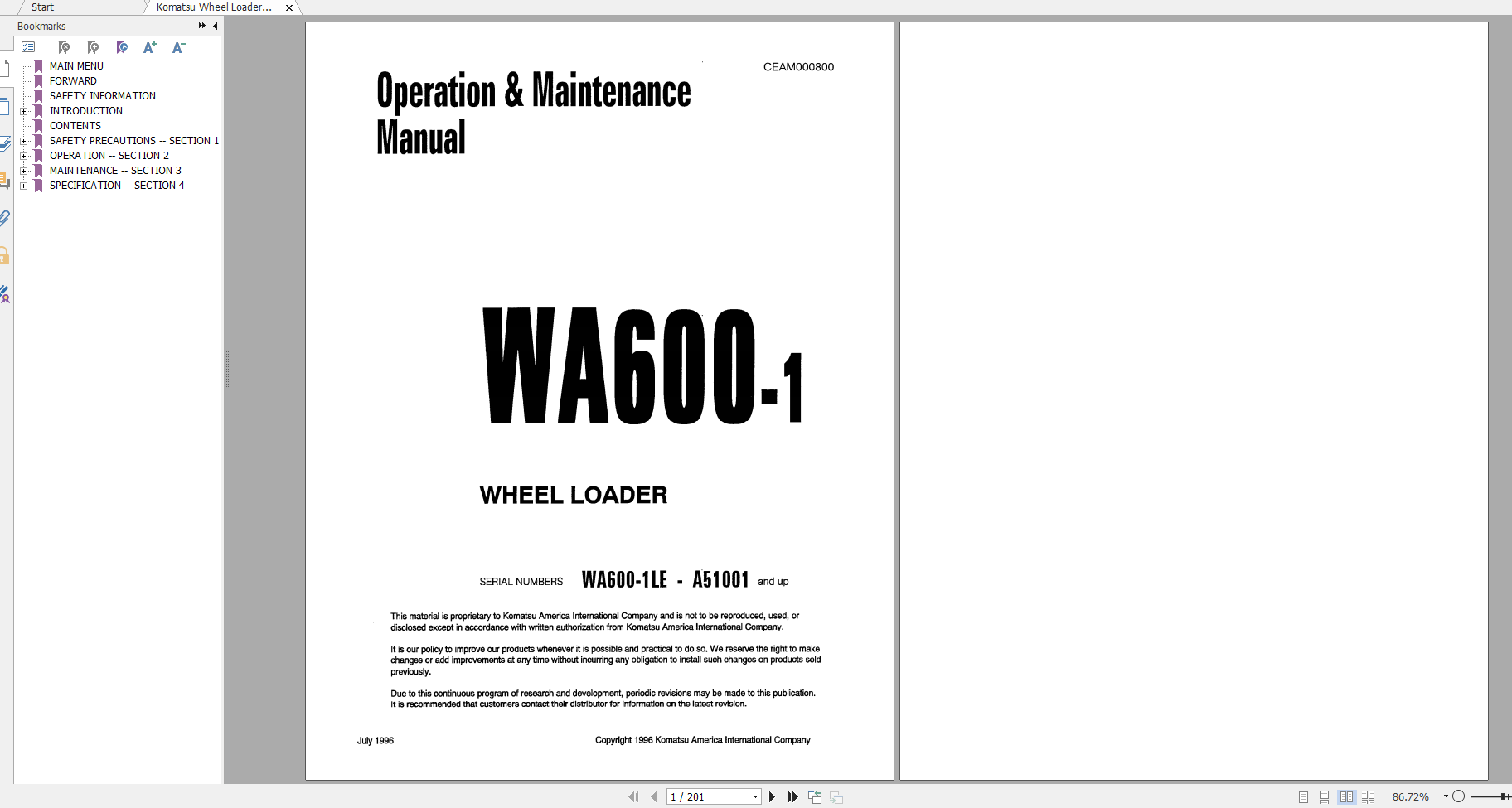 Komatsu Wheel Loader WA600 1 Operation Maintenance Manual CEAD000800 1996
