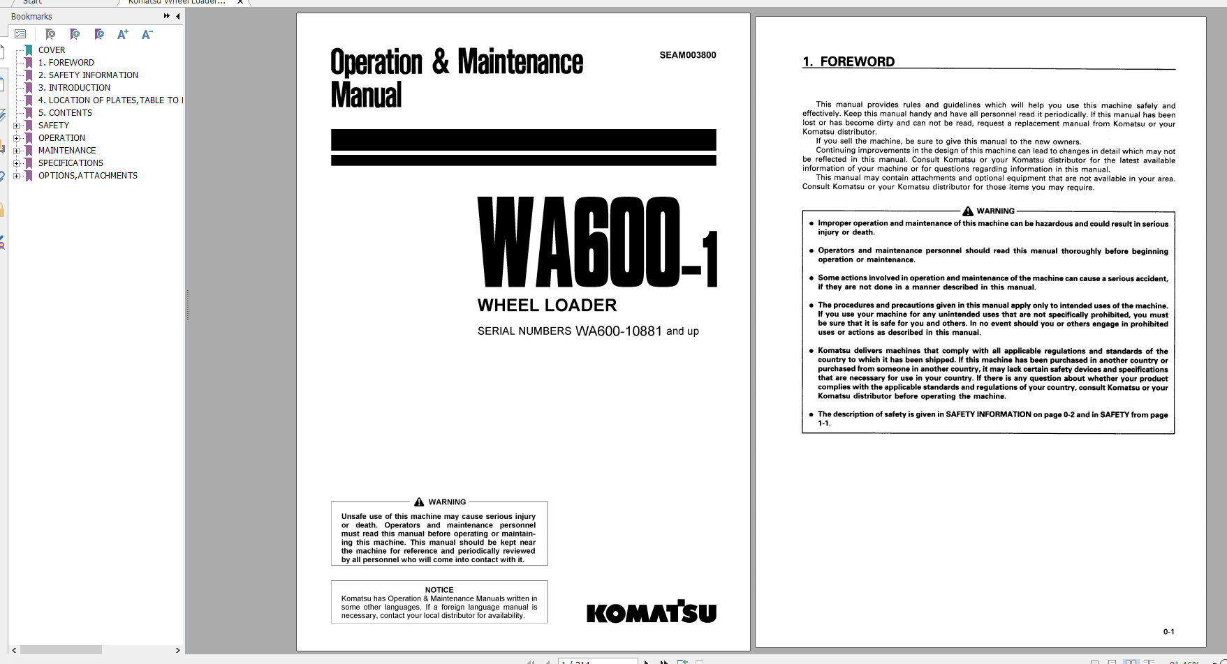 Komatsu Wheel Loader WA600 1 Operation Maintenance Manual SEAM003800