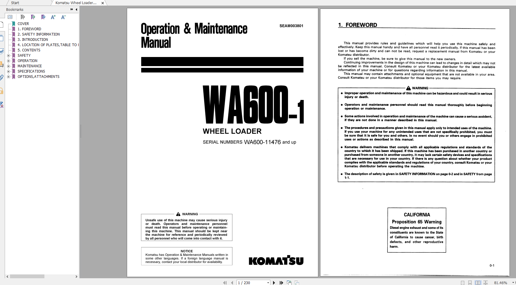 Komatsu Wheel Loader WA600 1 Operation Maintenance Manual SEAM003801
