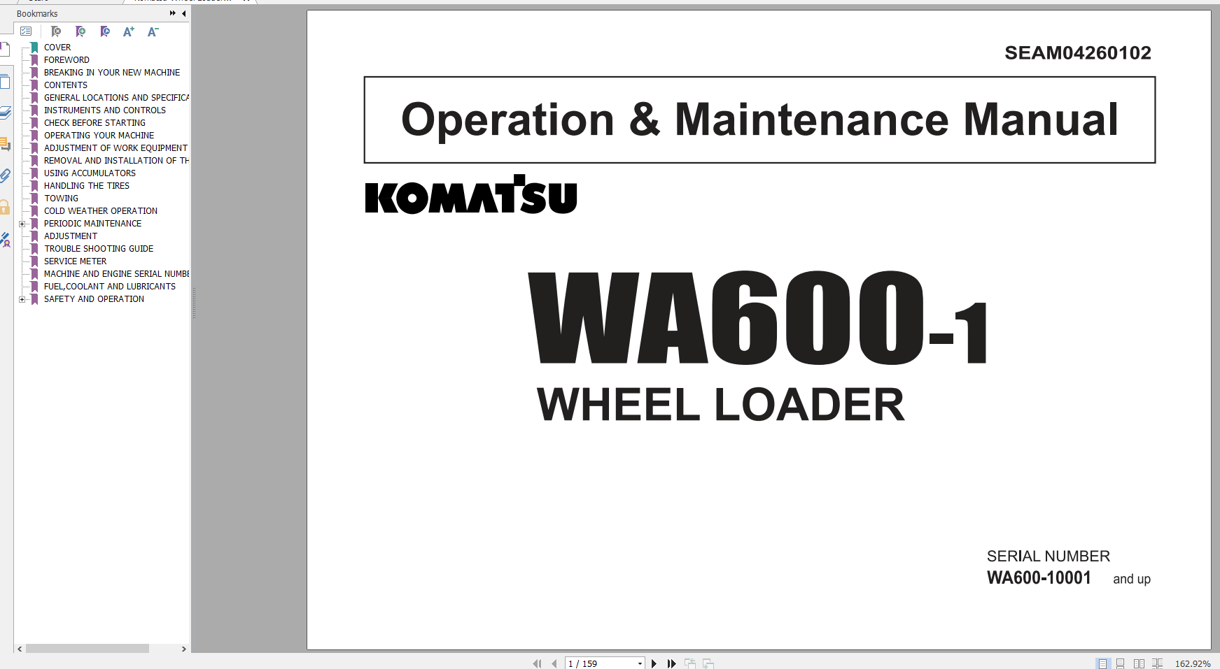 Komatsu Wheel Loader WA600 1 Operation Maintenance Manual SEAM04260102