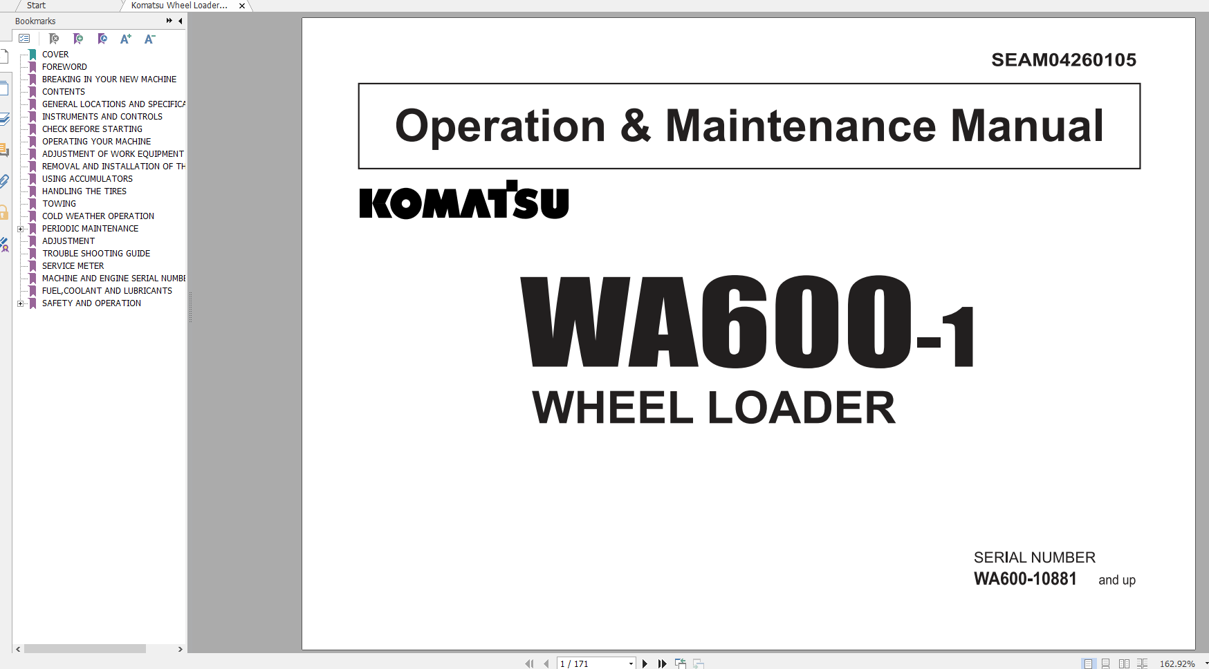 Komatsu Wheel Loader WA600 1 Operation Maintenance Manual SEAM04260105