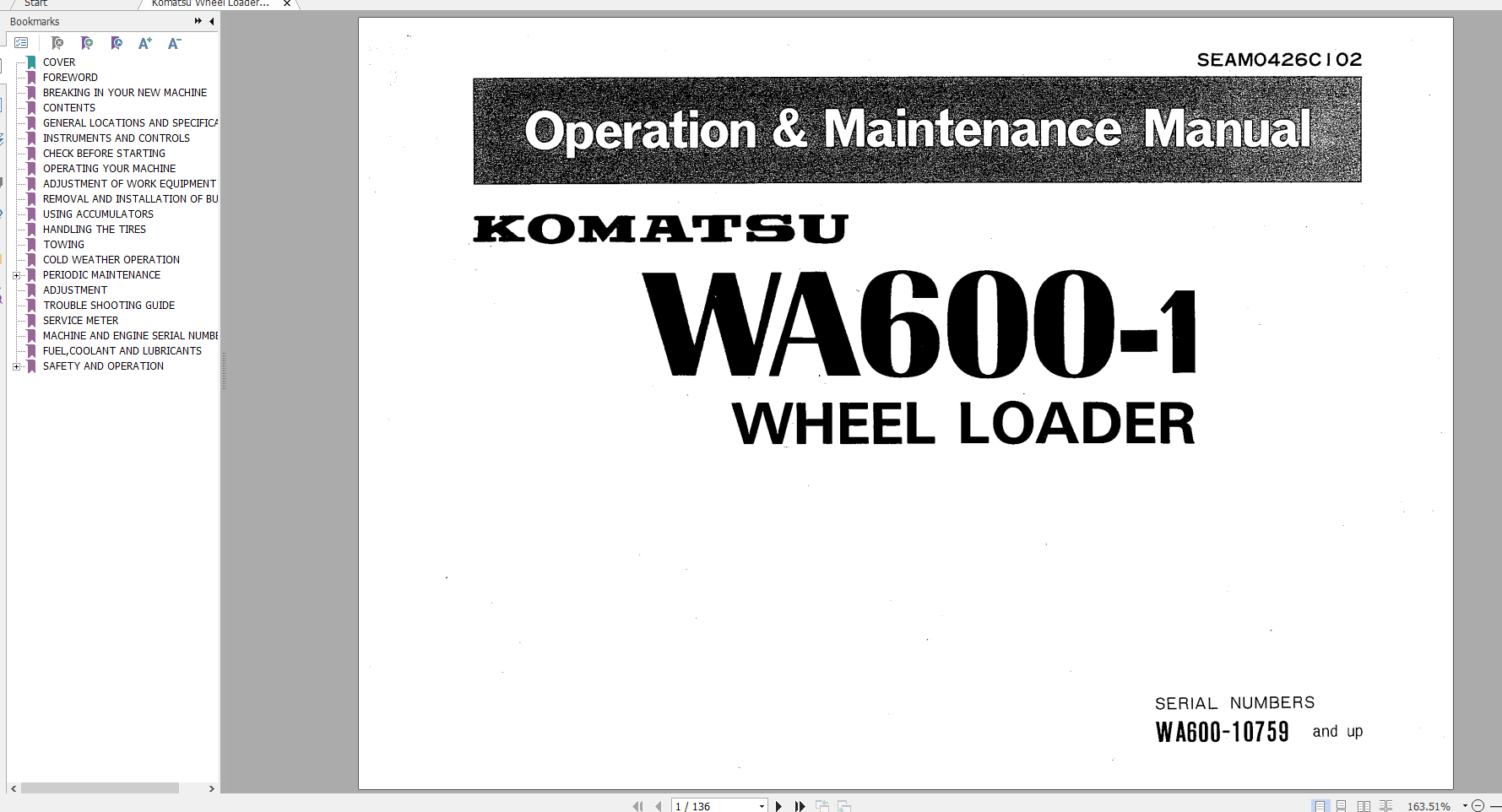 Komatsu Wheel Loader WA600 1 Operation Maintenance Manual SEAM0426C102