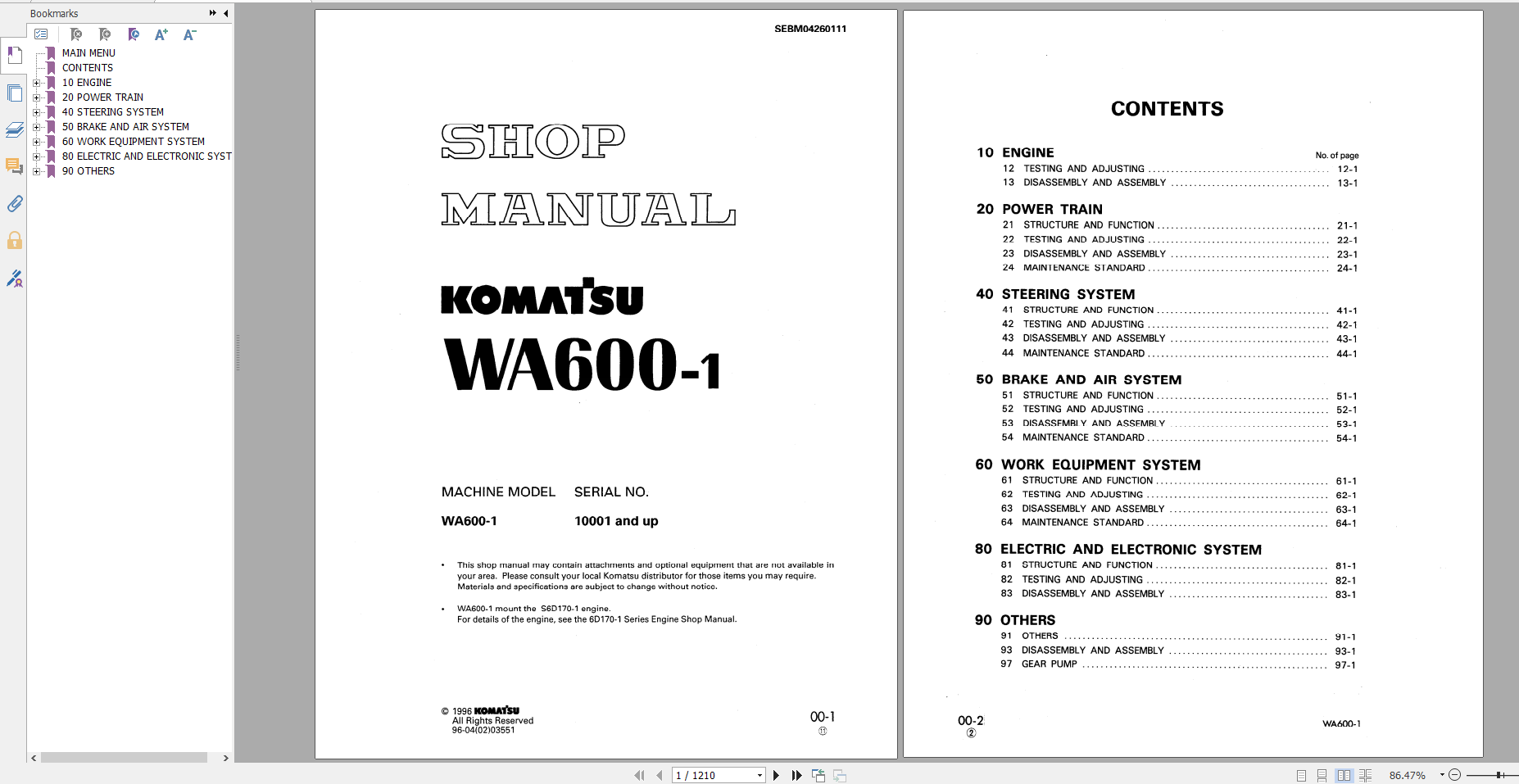 Komatsu Wheel Loader WA600 1 Shop Manual SEBD04260111 1996
