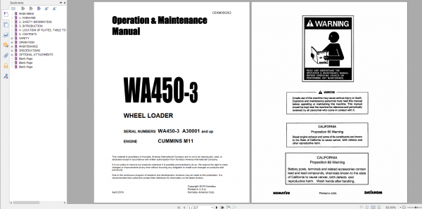 Komatsu Wheel Loader WA600 1L Engine CUMMINS M11 Operation Maintenance Manual CEAM000202 2016