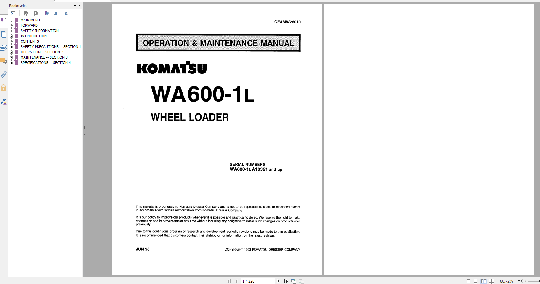 Komatsu Wheel Loader WA600 1L Operation Maintenance Manual CEADW26010 1993
