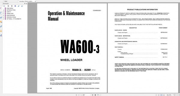 Komatsu Wheel Loader WA600 3 Operation Maintenance Manual CEAD003001 1998
