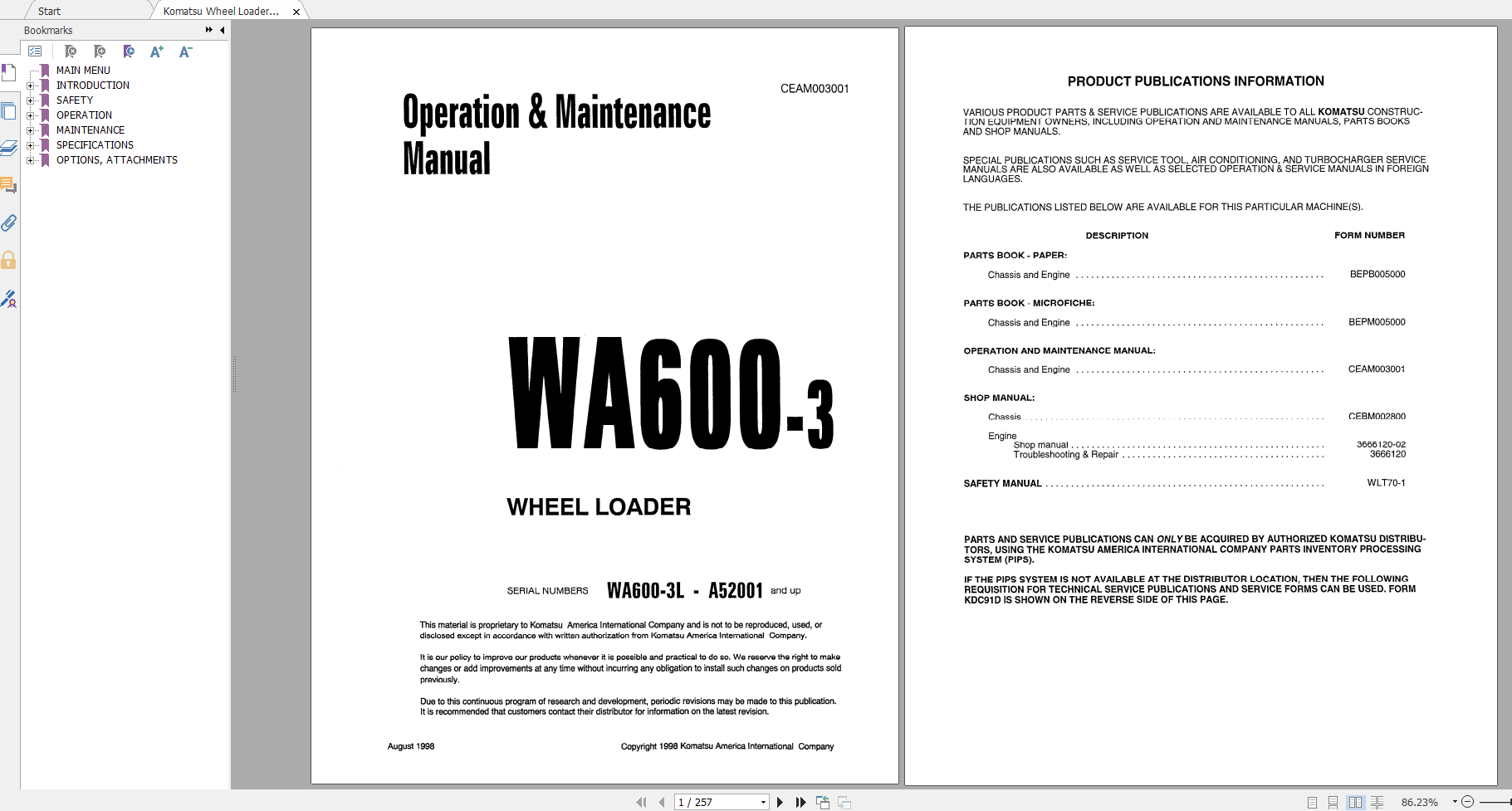 Komatsu Wheel Loader WA600 3 Operation Maintenance Manual CEAD003001 1998