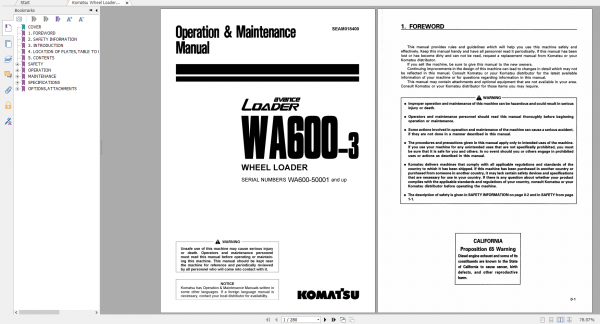 Komatsu Wheel Loader WA600 3 Operation Maintenance Manual SEAM018400 1998