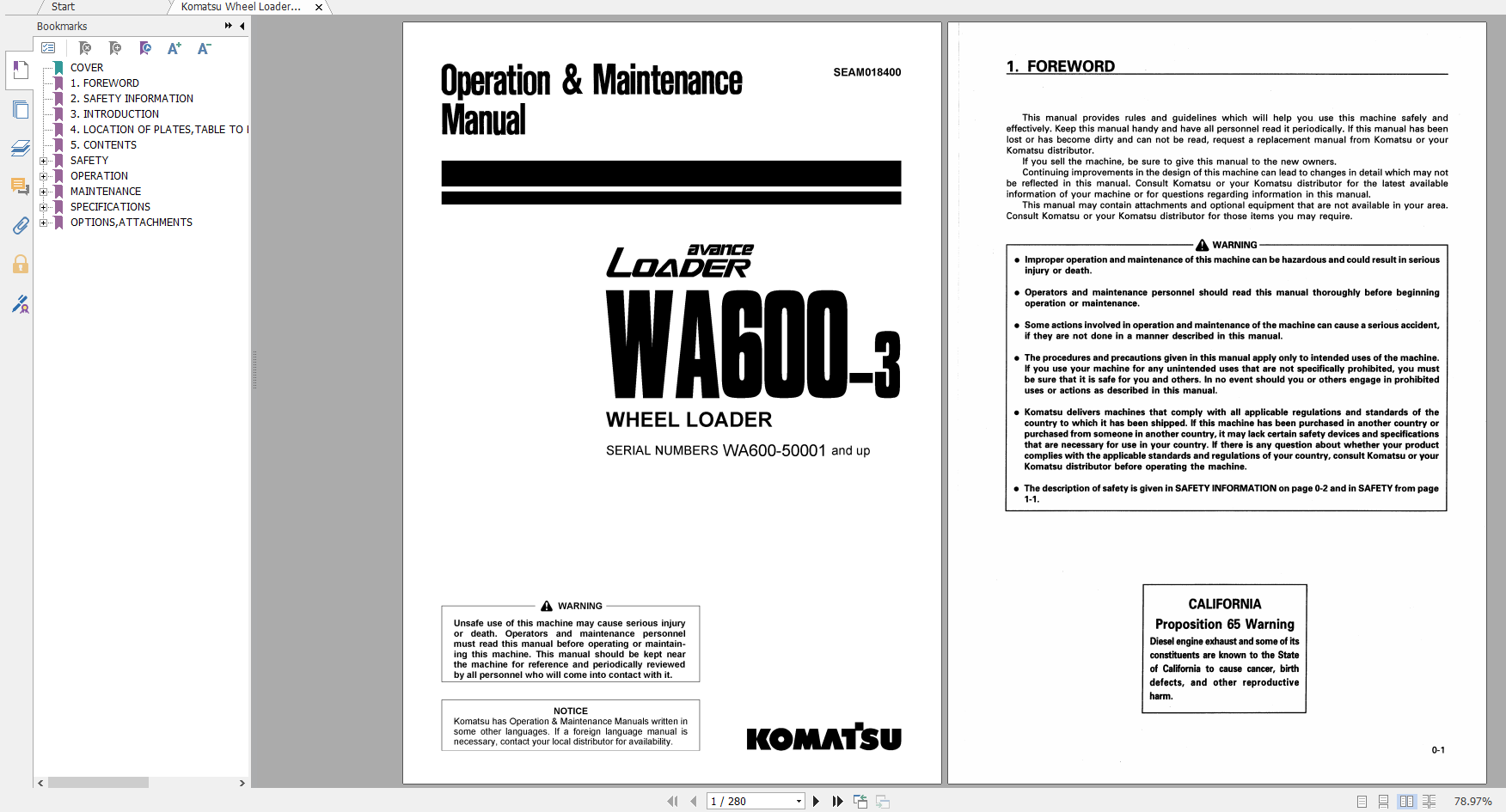 Komatsu Wheel Loader WA600 3 Operation Maintenance Manual SEAM018400 1998