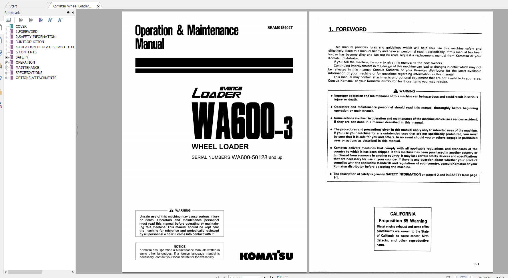 Komatsu Wheel Loader WA600 3 Operation Maintenance Manual SEAM018402T 1999