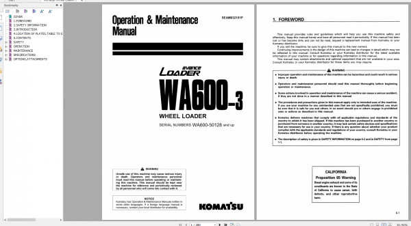 Komatsu Wheel Loader WA600 3 Operation Maintenance Manual SEAM032101P 1999