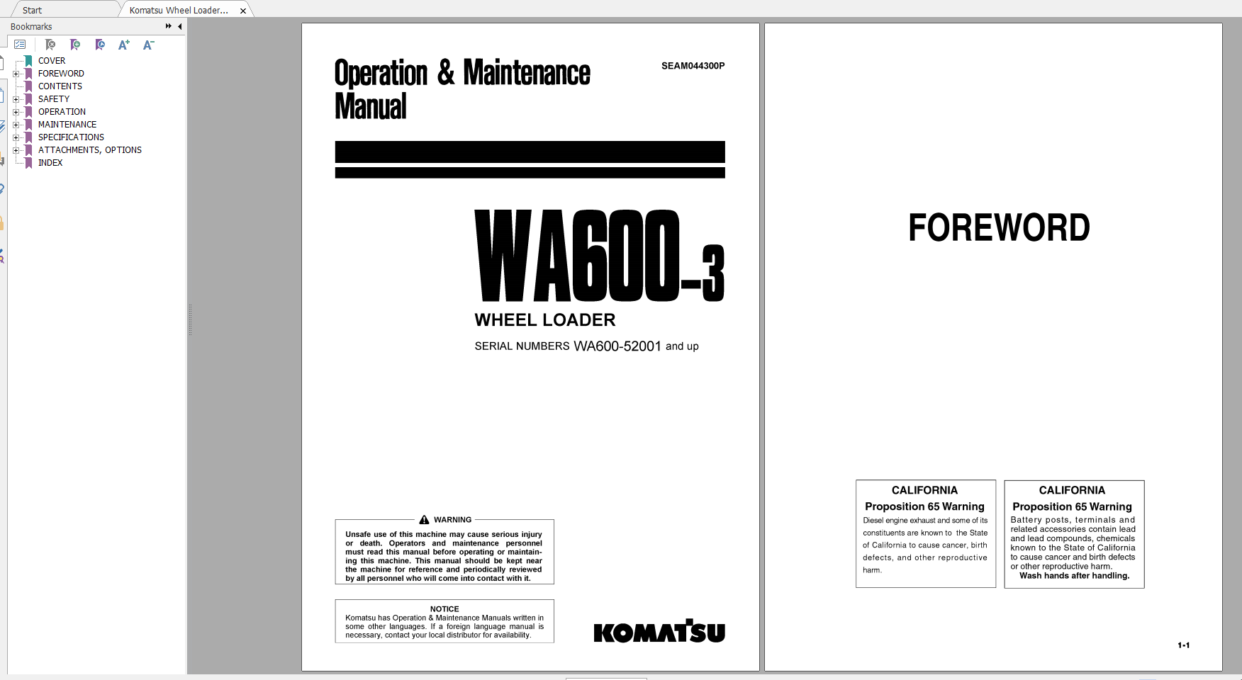 Komatsu Wheel Loader WA600 3 Operation Maintenance Manual SEAM044300P 2001