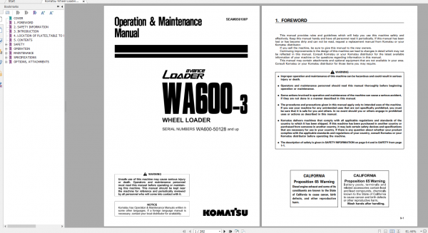 Komatsu Wheel Loader WA600 3 Operation Maintenance Manual SEAM056100P 2003
