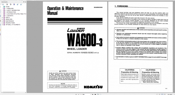 Komatsu Wheel Loader WA600 3 Operation Maintenance Manual SEAMW02000 1999