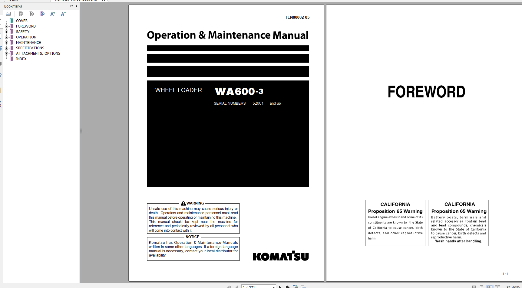 Komatsu Wheel Loader WA600 3 Operation Maintenance Manual TEN00002 05 2019