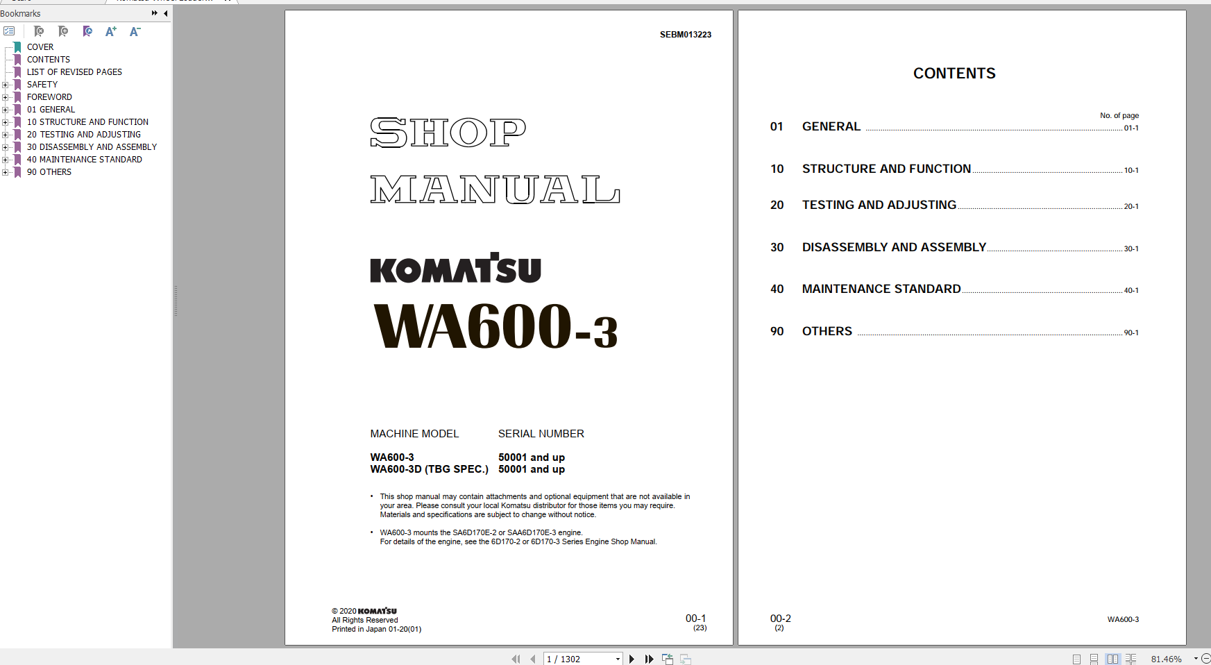 Komatsu Wheel Loader WA600 3 Shop Manual SEBM013223 2020
