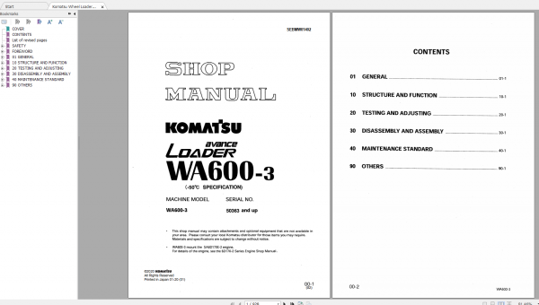 Komatsu Wheel Loader WA600 3 Shop Manual SEBMW01402 2020