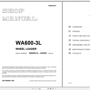 Komatsu Wheel Loader WA600 3L Shop Manual CEBM002801 1999