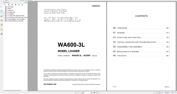 Komatsu Wheel Loader WA600 3L Shop Manual CEBM002801 1999