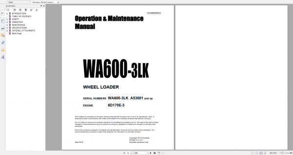 Komatsu Wheel Loader WA600 3LK Engine 6D170E 3 Operation Maintenance Manual CEAM008202 2016
