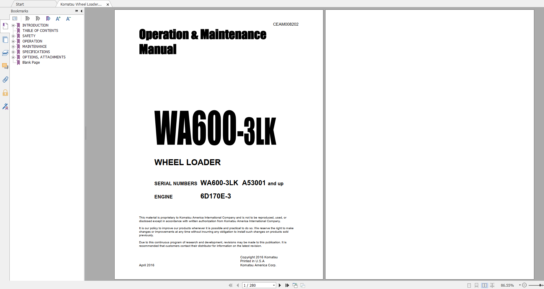 Komatsu Wheel Loader WA600 3LK Engine 6D170E 3 Operation Maintenance Manual CEAM008202 2016