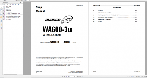 Komatsu Wheel Loader WA600 3LK Shop Manual CEBM005502 2002