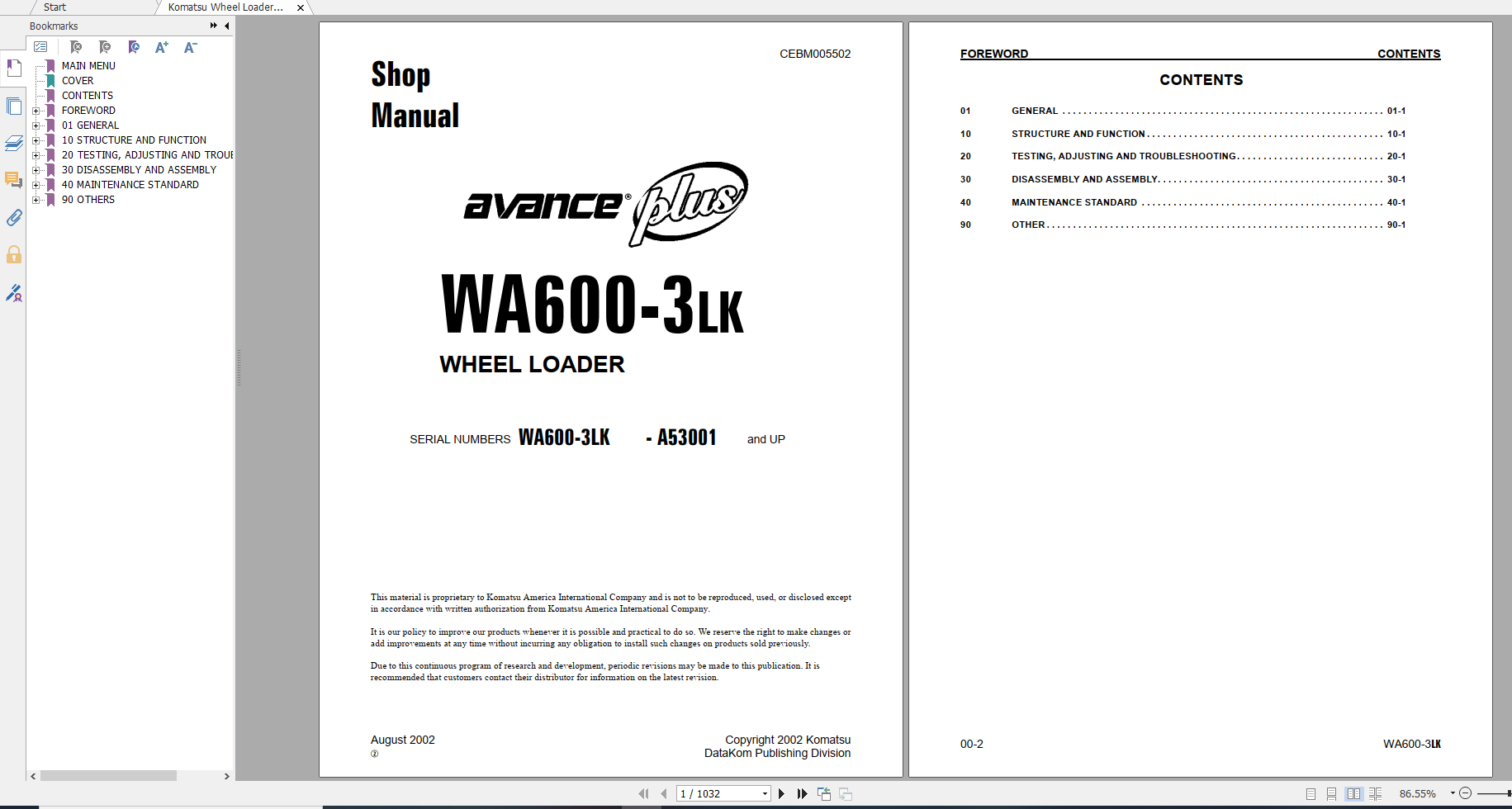 Komatsu Wheel Loader WA600 3LK Shop Manual CEBM005502 2002
