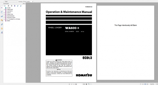 Komatsu Wheel Loader WA600 6 Operation Maintenance Manual TEN00240 02 2007