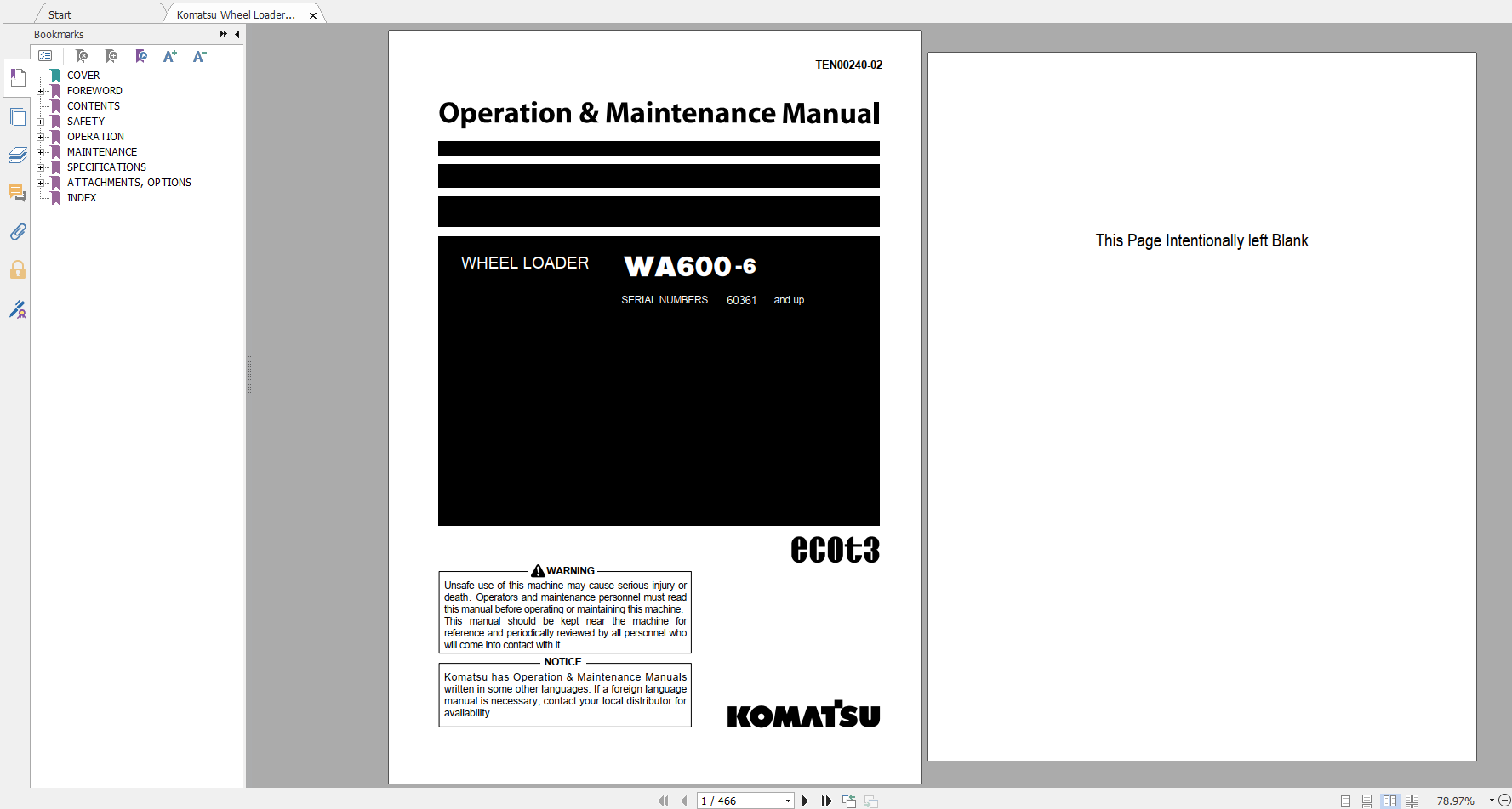 Komatsu Wheel Loader WA600 6 Operation Maintenance Manual TEN00240 02 2007