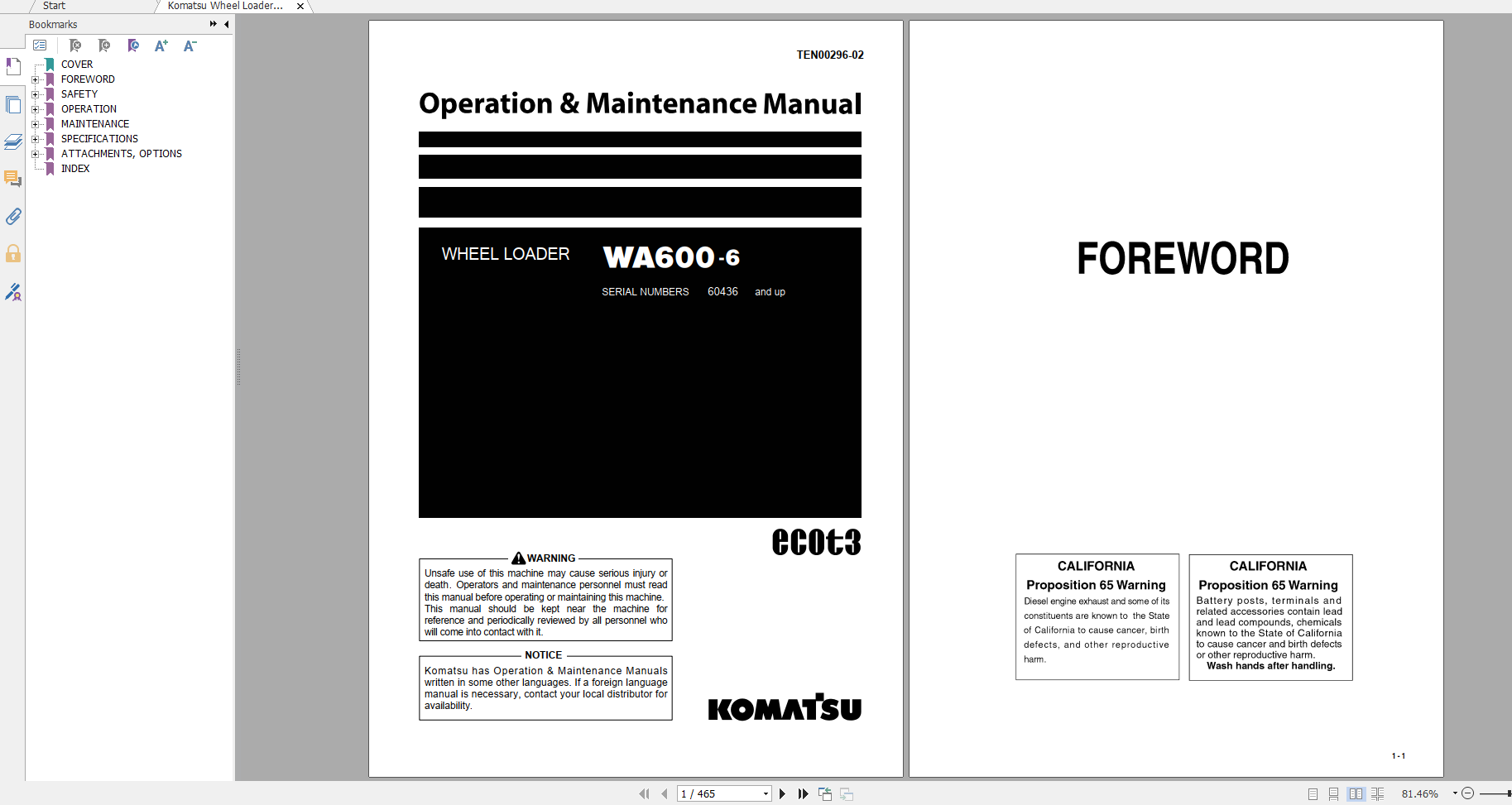 Komatsu Wheel Loader WA600 6 Operation Maintenance Manual TEN00296 02 2009