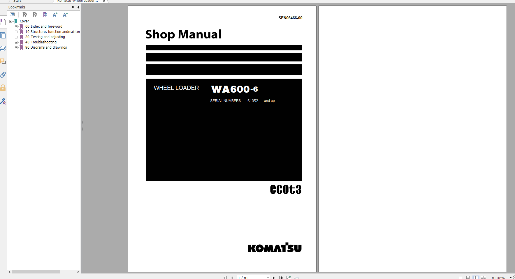 Komatsu Wheel Loader WA600 6 Shop Manual SEN06466 00 2013