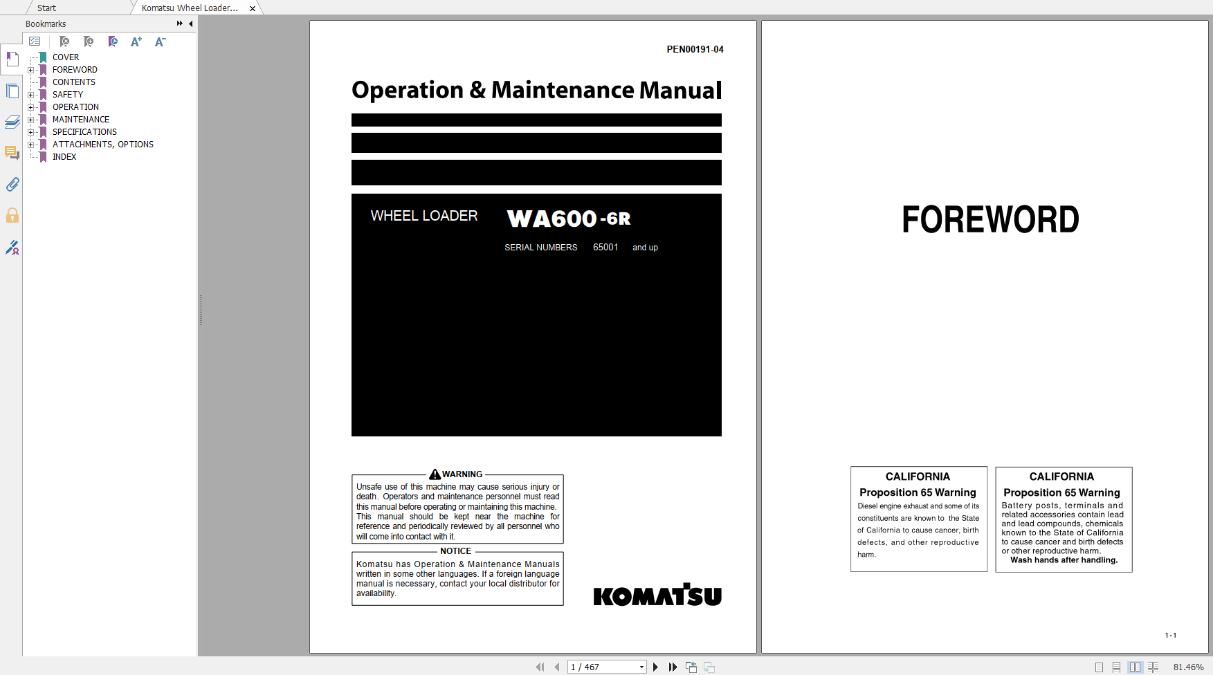 Komatsu Wheel Loader WA600 6R Operation Maintenance Manual PEN00191 04 2007