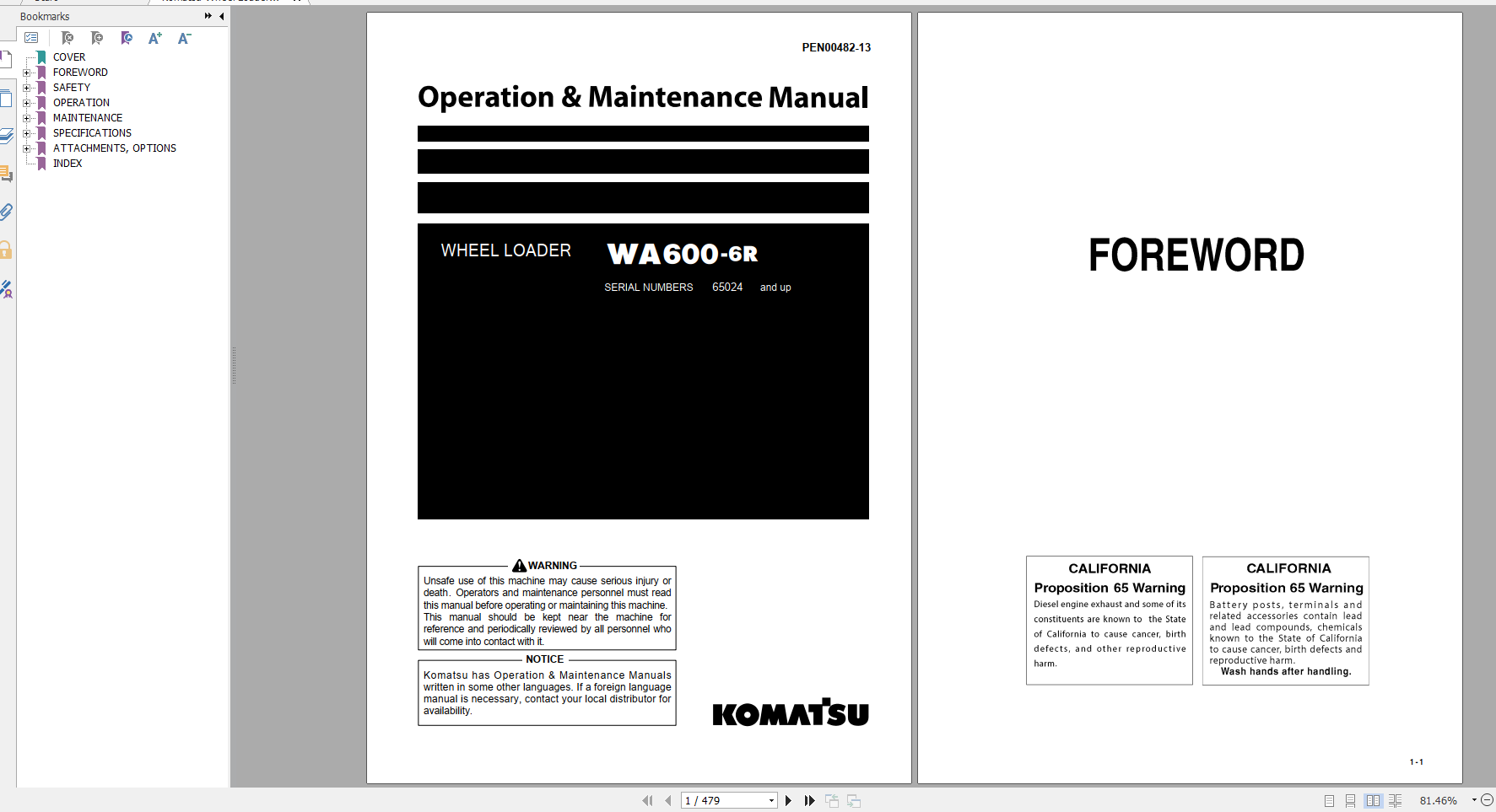 Komatsu Wheel Loader WA600 6R Operation Maintenance Manual PEN00482 13 2020