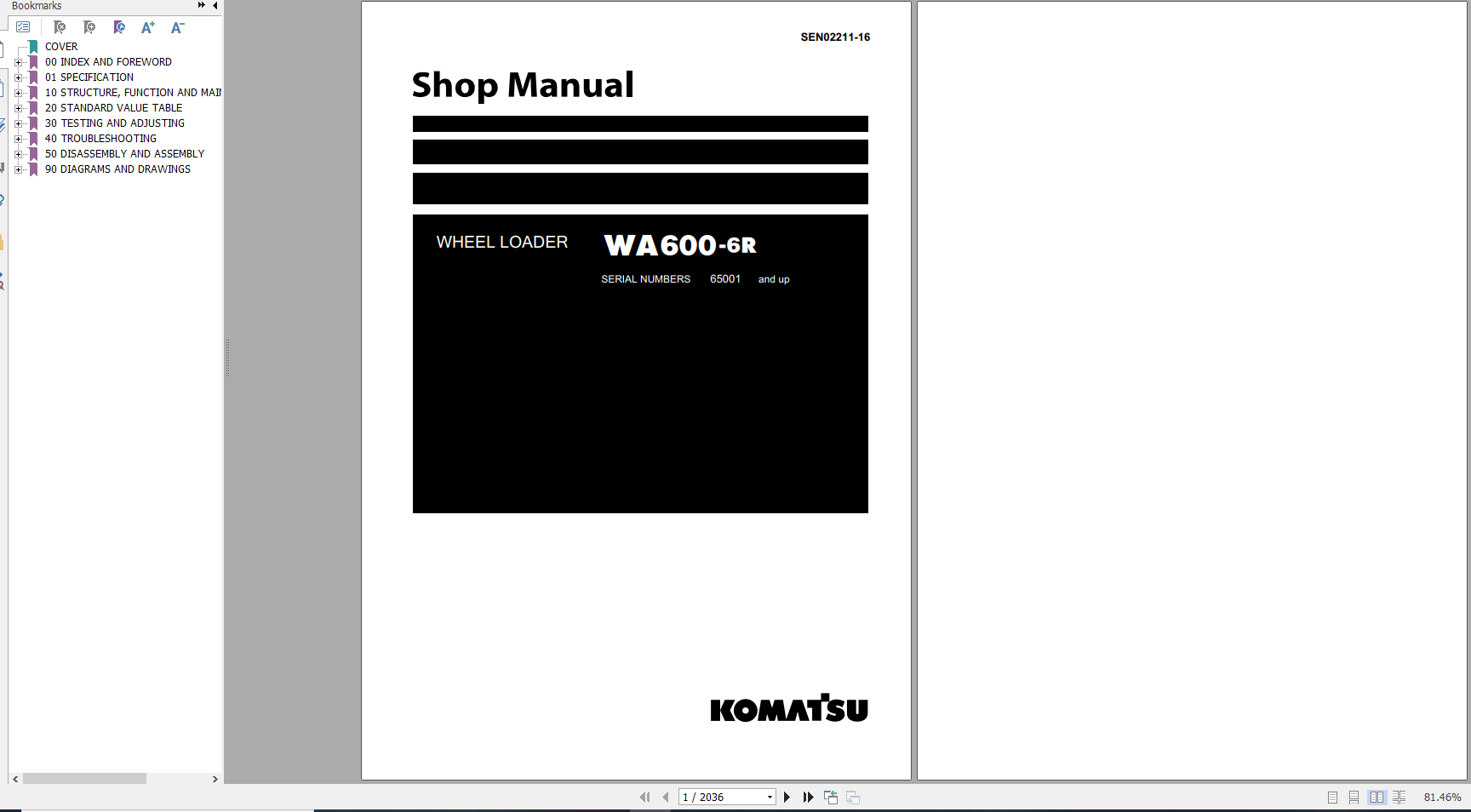 Komatsu Wheel Loader WA600 6R Shop Manual SEN02211 16 2019